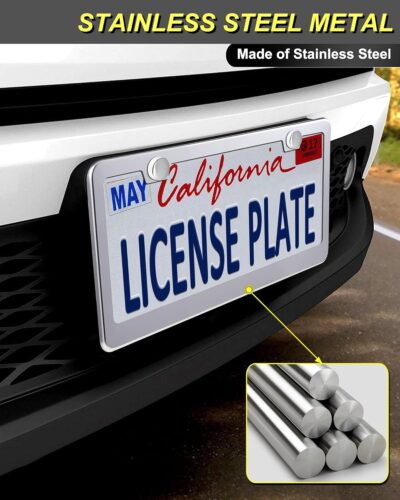 Stainless Steel License Plate Frames, Mirror Polished Heavy Duty Metal Chrome Car Tag Cover, 2 Pack 2 Hole Silver Holder, Slim Design with Screws & Caps for Men & Women - Image 2