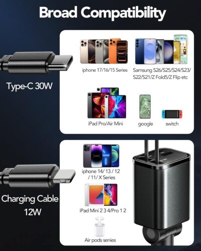 Retractable Car Charger Adapter for iPhone 17,4 in 1 Fast Charging Car Phone Charger,69W USB C Car Truck Accessories,Road Trip Essentials Gift for Men Women for iPhone 17 Pro Max/16/15/14,Galaxy S26 - Image 2