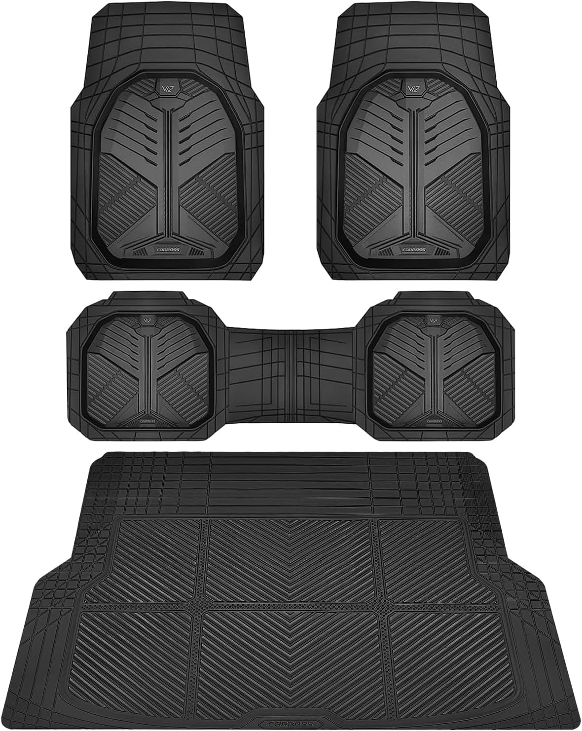 713FJUduhbL._AC_SL1500_.jpg CAR PASS Heavy Duty Rubber Car Mats with Cargo Liner, Deep-Dish Car Floor Mats and Trunk Mat All Weather, Universal Trim-to-Fit for SUVs Trucks Sedans, Waterproof Anti-Slip, Trimmable V12 Black - Image 1