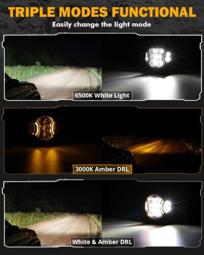 Auxbeam 3 Inch Round Driving Lights, 108W Side Shooter Offroad Pod Lights with Amber DRL, 270° Ultra-Wide Ditch Light Hyper Spot Beam Work 3 Modes White Amber Yellow Cube Pod with Covers, Pair - Image 3