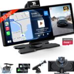10.26'' Portable Apple CarPlay Screen for Car with 4K Dash Cam & 1080P HD Backup Camera, Wireless Car Play & Android Auto with OTA,GPS Navigation, Airplay, Mirror Link