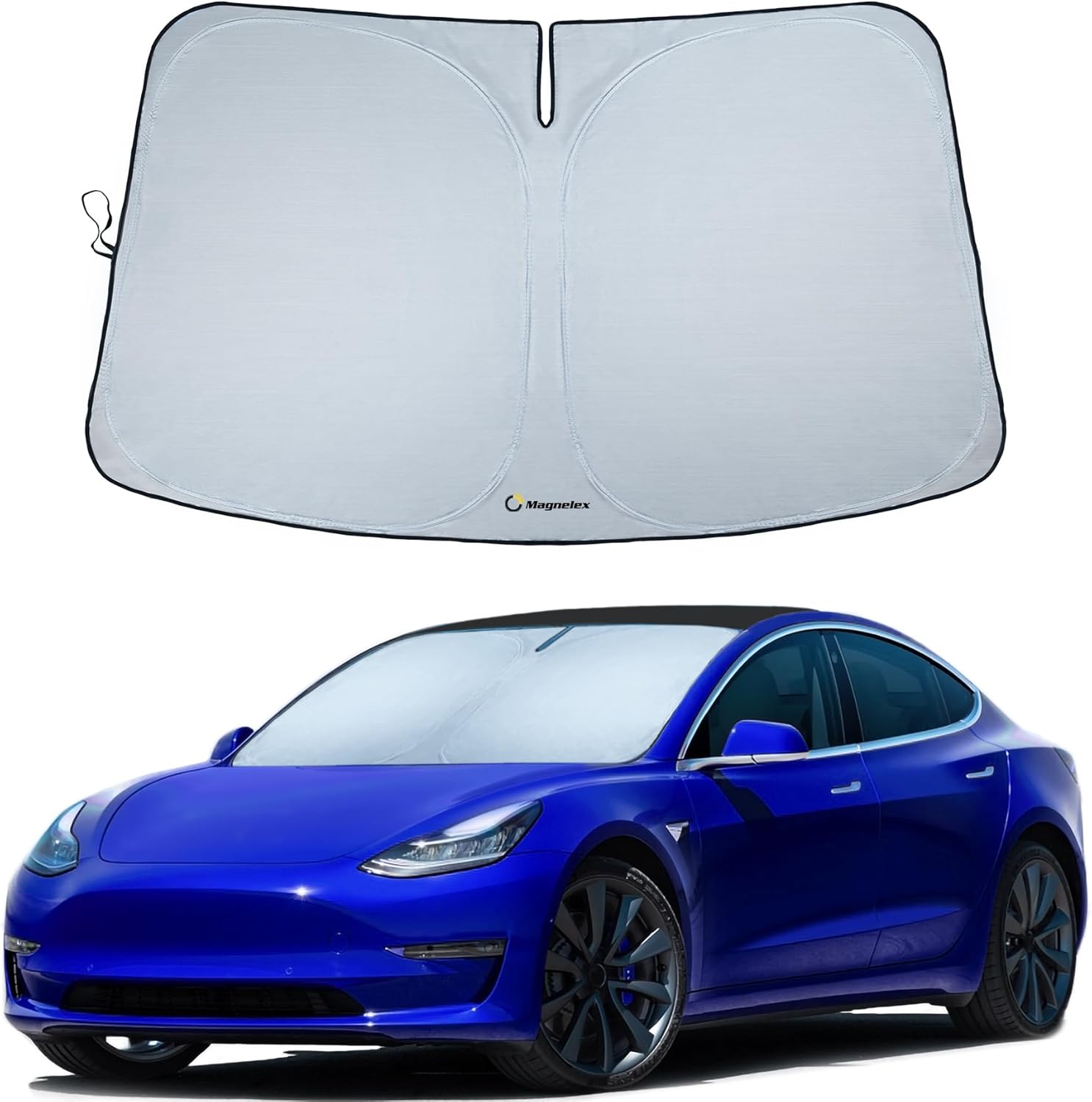 713LVifb6VL._AC_SL1500_.jpg Magnelex Tesla Windshield Sun Shade for Model 3 and Model Y 2017-2026 - Reflective 240T Material Sun Shade with Mirror Cut-Out | Foldable Sunshade - Image 1