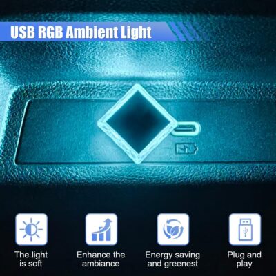 2PCS USB LED Car Interior Atmosphere Lamp, Portable Mini Auto Decoration Night Light, Plug-in Vehicle Ambient Lighting Kit, Universal Car Interior Accessories for Cars SUVs Trucks RVs (Blue) - Image 3