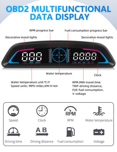 OBD2 Speedometer for Car Digital with Time, Speed, Mileage, RPM, Volt, Water Temp, Overspeed, Fatigued Driving Alert LCD Screen OBD2 Guage Display for Car Head Up Display HUD for Most 2008+ Sedan Cars - Image 2