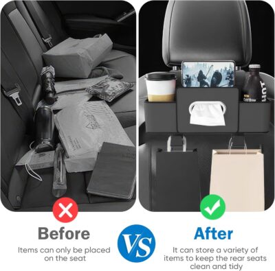 Car Back Seat Organizer with 1 Pack of 80 Tissues, Car Seat Back Tissue Box, and Storage Hook, Multi-Functional Organizer for Phone, Drinks, Handbag, Garbage Bags, Fits Most Car Models - Image 3