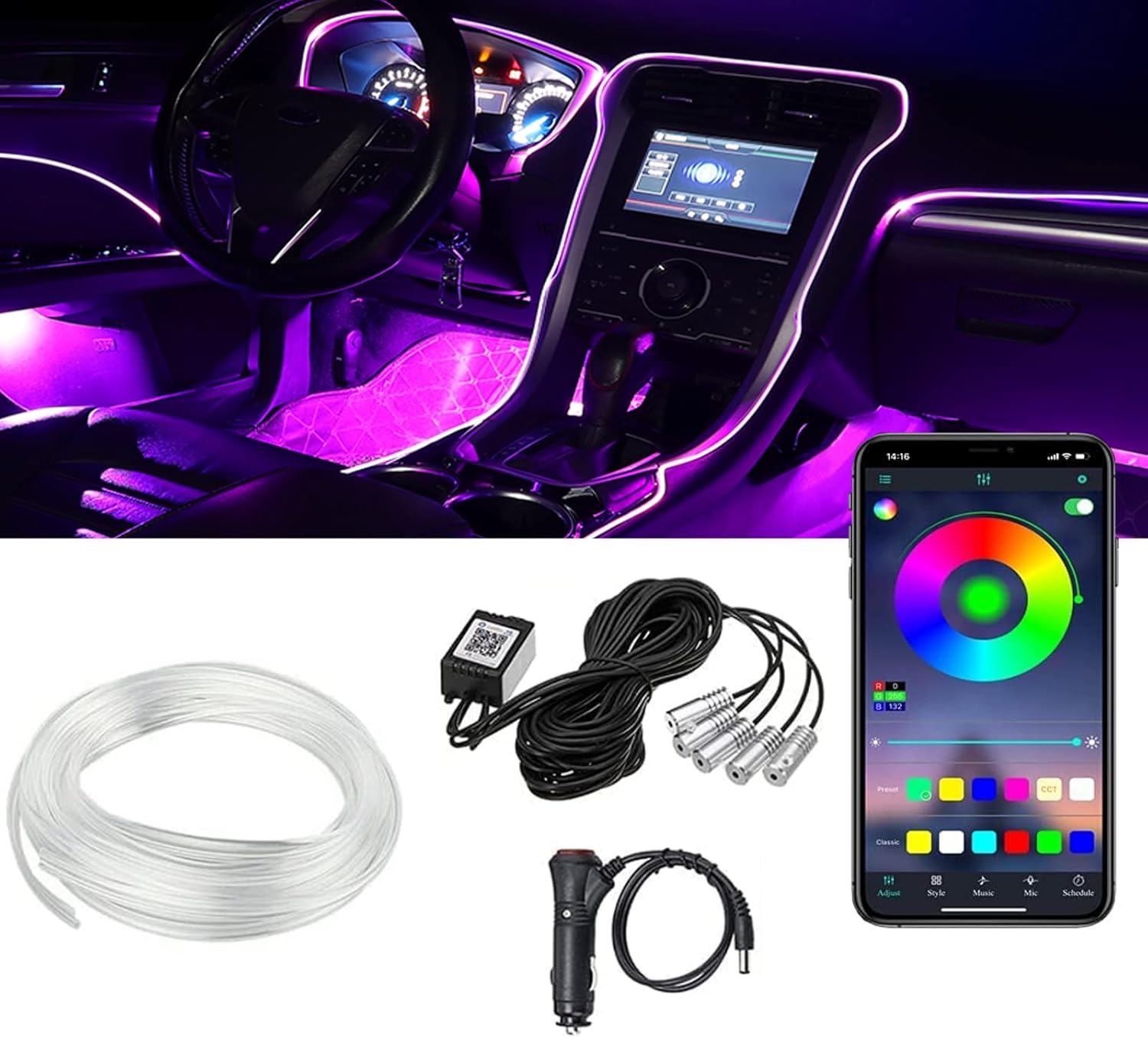 713gcbuTMyL._AC_SL1500_.jpg 1 PC Car LED Strip Lights, 16 Million Colors 5 in 1 with 236 inches Fiber Optic, Multicolor RGB Car Interior Lights Automobile Ambient Neon Lighting Kit (Multicolored) - Image 1