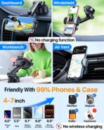 HTU 2026 Upgraded [True Military-Grade] Car Phone Holder【Safety Certs & No Smell】 Cell Phone Holder for Car Mount for Dashboard Windshield Air Vent Long Arm Thick Case,Black - Image 5