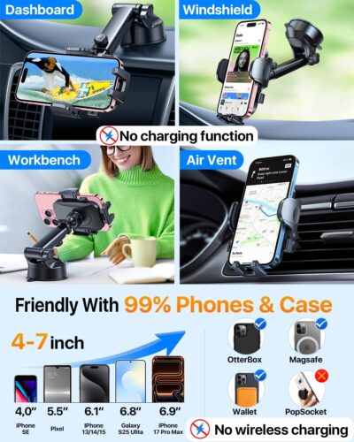 HTU 2026 Upgraded [True Military-Grade] Car Phone Holder【Safety Certs & No Smell】 Cell Phone Holder for Car Mount for Dashboard Windshield Air Vent Long Arm Thick Case,Black - Image 5