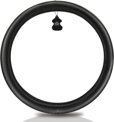 Haokay Heavy Duty Pure Cowhide Steering Wheel Cover, Black Genuine Leather Steering Wheel Cover Men Women Universal 14.5 to 15 Inch - Image 2