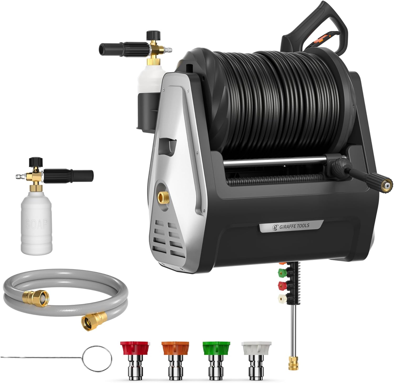 713v3JVYYaL._AC_SL1500_.jpg Giraffe Tools Wall Mounted Pressure Washer Essential with Upgraded 1800W Motor, 2900 PSI, 2.2 GPM Electric Power Washer, Automatic Rewind, 100ft Pressure Hoses, 5 Nozzles for Floor/Cars/Fences/Patios - Image 1