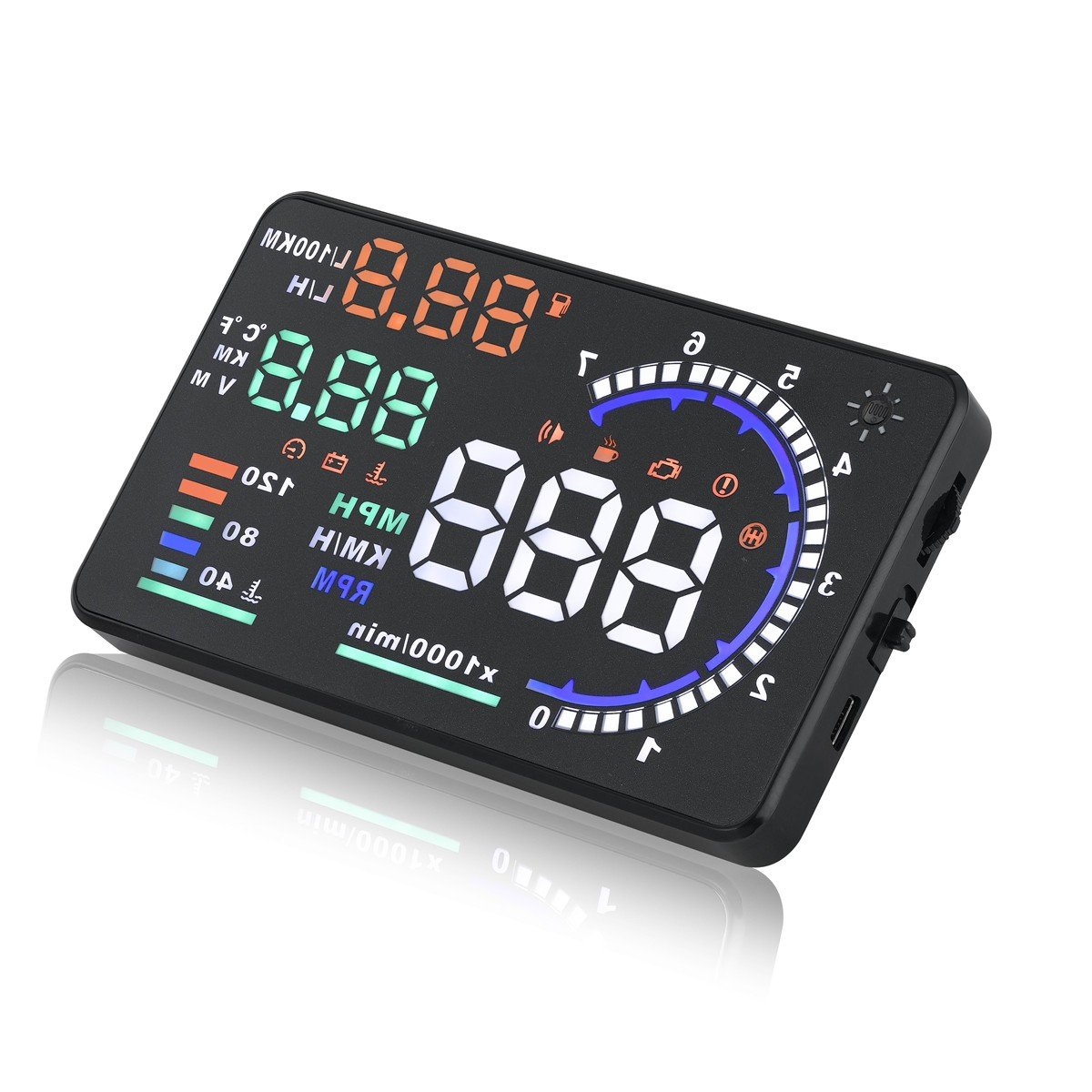 7140t-ajA7L._SL1200_.jpg Windshield Heads Up Display for Car MAIMEIMI OBD2 Digital Speedometer with OBDII/EUOBD Interface HUD Car Speedometer MPH with Water Temperature, Mileage, RPM, Alarms for OBDII/EOBD Sedan Cars (2008+) - Image 1
