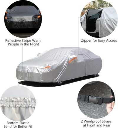 SEAZEN Car Cover with Zipper, 2 Layer Full Car Covers Waterproof/UV Protection/Snowproof/Dustproof, Universal Car Cover (Fit Sedan-Length Up to 200") - Image 4