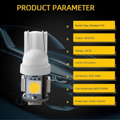 YM E-Bright 20-Pack T10 194 Led Bulb, White 5050 5 SMD 2825 W5W 912 168 LED Bulb Replacement For Car Interior Lights Clearance Wedge Dome Trunk Dashboard License Plate Light Lamp DC 12V - Image 3