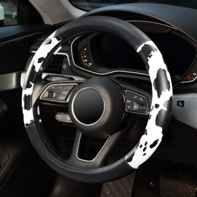 Cow Print Steering Wheel Cover, Universal 14.5-15 inch Breathable Microfiber Leather Anti-Slip Car Steering Wheel Protector for Women Men, Black&White - Image 3