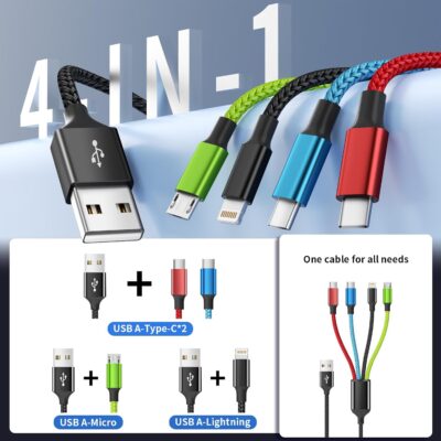 4 in 1 Multi Charging Cable [2Pack 5FT], Tangle Free USB C Car Charger Cable Nylon Braided with 2 USB-C/IP/Micro, Travel Charging Cords for iPhone Android iPad and More - Image 3
