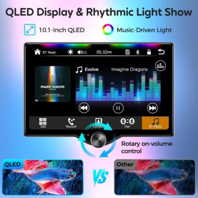 10.1" QLED Double Din Car Stereo with Wireless Carplay & Android Auto, Music Sync Luminous Bar, SWC, Bluetooth, Backup Camera, 240W, Dual Subwoofer Output, Car Radio, Navigation, FM/AM - Image 4