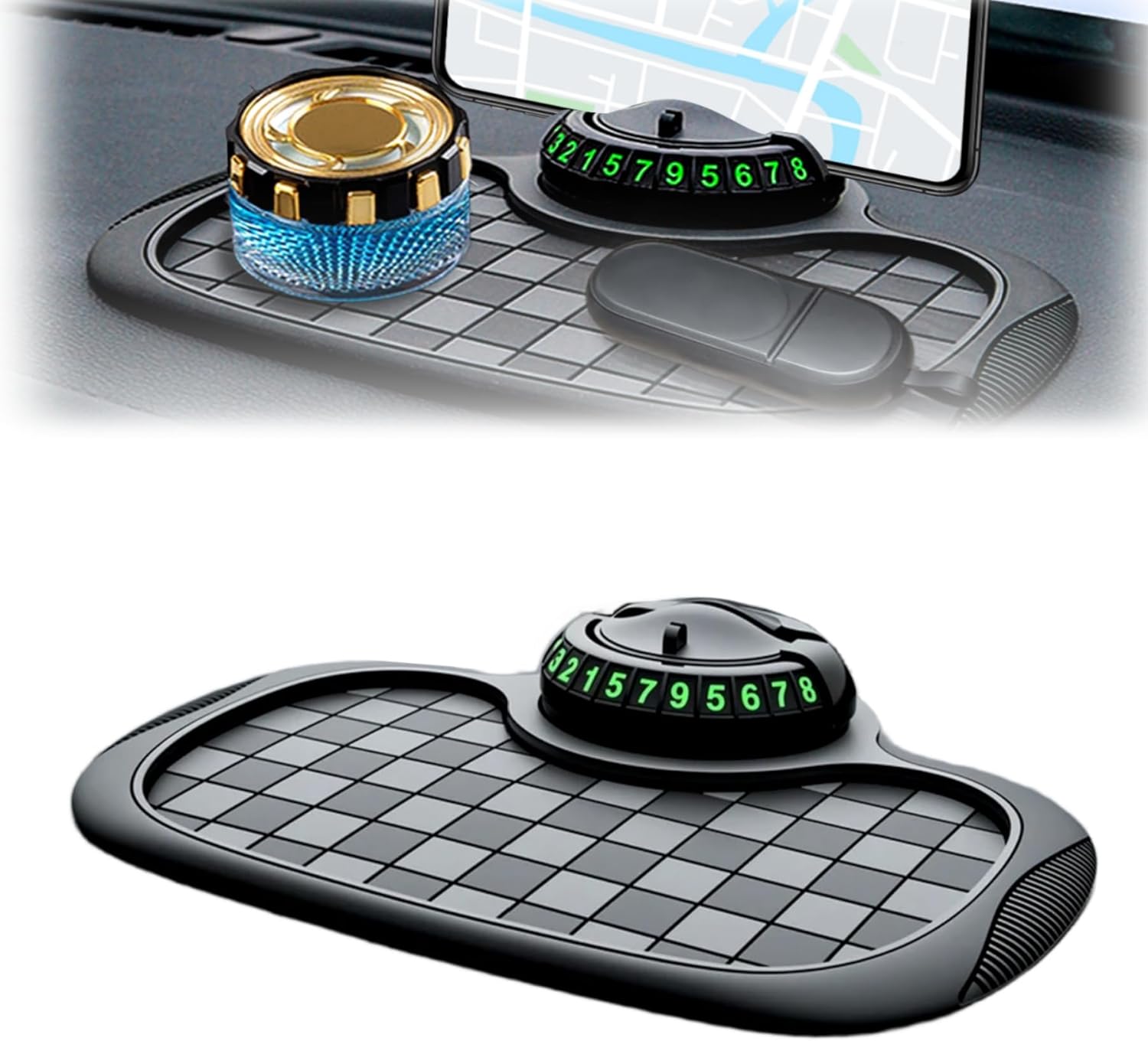 714RgorbkML._AC_SL1500_.jpg Multifunction Car Anti Slip Mat, 360° Rotatable Phone Holder Dashboard Pad with Temporary Parking Number Rotatable Car Anti Slip Mat Phone Holder (Black-1PC) - Image 1
