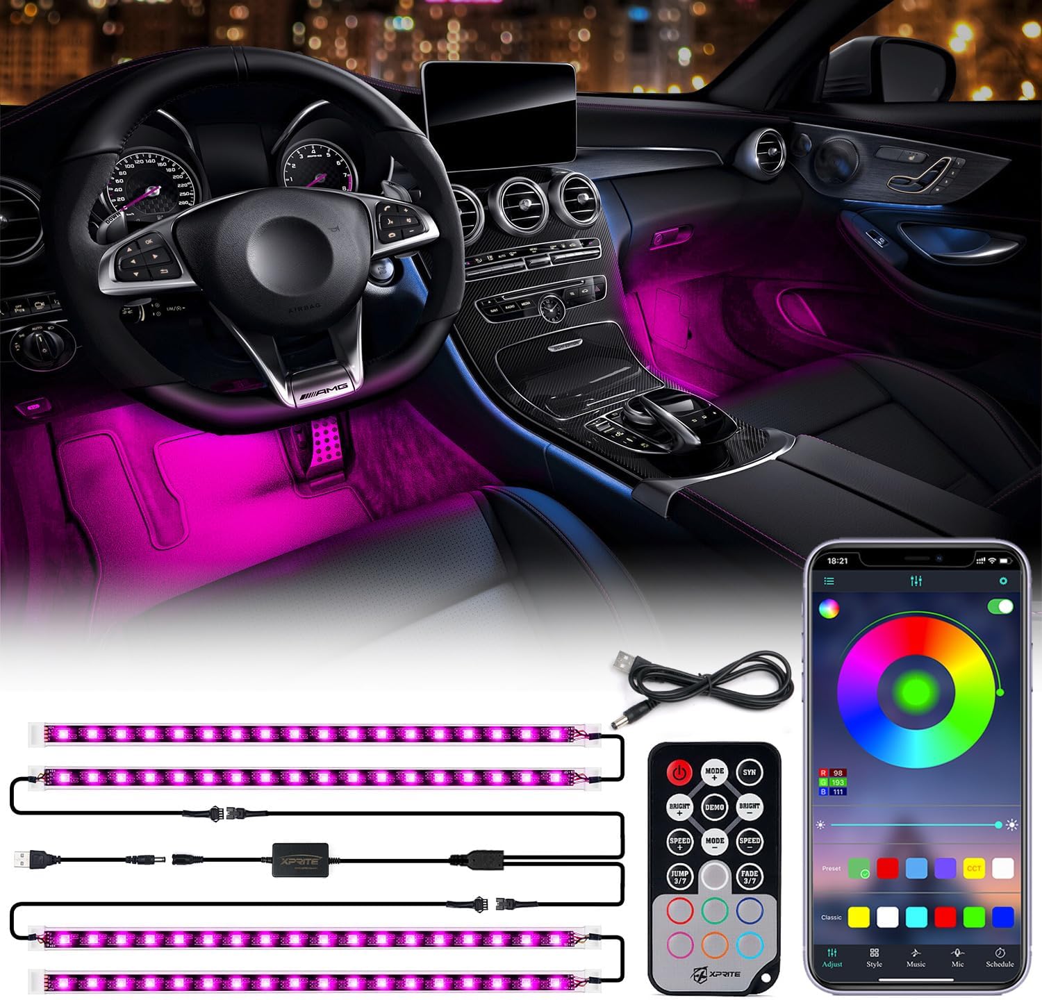 714VkHvWBFL._AC_SL1500_.jpg Xprite RGB LED Car Interior Bluetooth USB Light Strip, w/Wireless Remote and APP Control,4 PCS Under Dash Footwell Ambient Lights Kits, DIY Music Mode Universal for Vehicle Internal, SUV, Trucks - Image 1