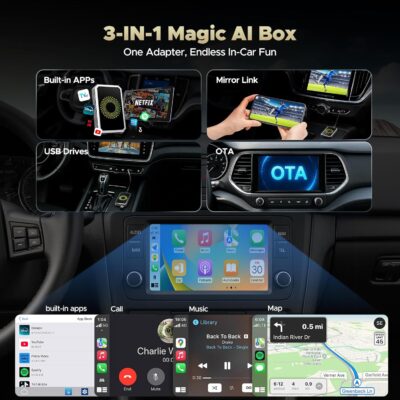 TOGUARDGO 3-in-1 Wireless Carplay Adapter Magic AI Box with Net-Flix YouTube TikTok Upgrade Wired Car Play to Wireless Support USB Drive for iPhone 10+ and Android 13+ - Image 2