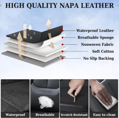 Coverado Car Seat Covers 5 Pieces, Full Set Universal Seat Covers for Cars, Waterproof Nappa Leather Auto Seat Protectors with Head Pillow, Car Interiors Fit for Most Sedans SUV Pick-up Truck, Black - Image 5