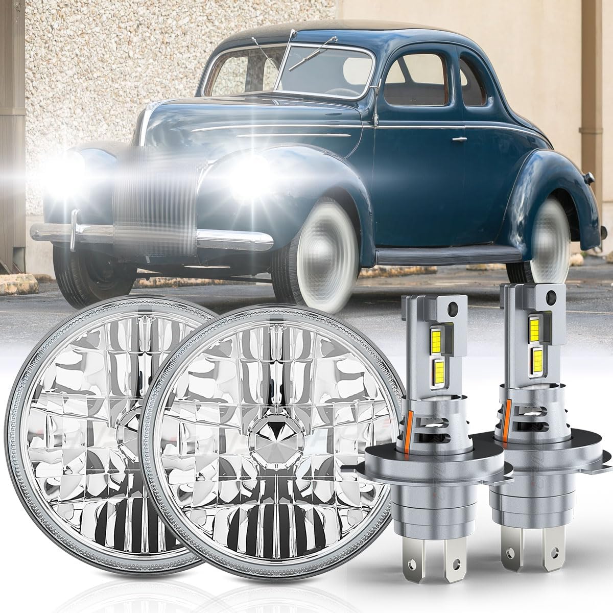 714mCiYXKL._AC_SL1200_.jpg CHUSYYRAY 7" Round Compatible with Ford Deluxe LED Headlight Assembly 1939 1940 1941 1942-1951 for Off-road, DOT Approved, High Low Beam Clear Lens Glass, 6000K 10000LM White, Pack of 2 - Image 1