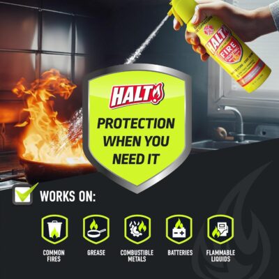 HALT! 10oz Fire Safety Spray – Non-Toxic, PFAS-Free Handheld Fire Suppressor – Easy to Use, Store & Find – Compact & Portable for Home, Kitchen, Car, BBQ, Camping & Tailgate – Made in USA (2pk) - Image 2