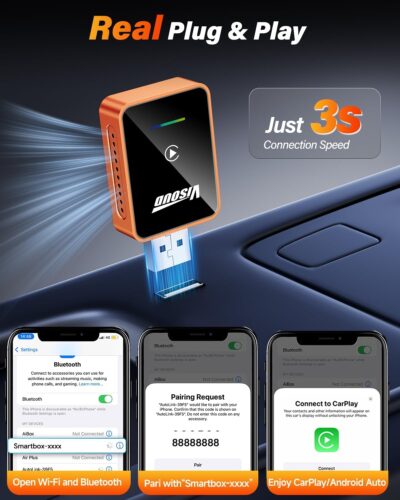 2026 Wireless CarPlay & Android Auto Adapter, One-Click Switch, 3s Auto Reconnect, A9 Chip, Bluetooth 6.0, 5.8GHz WiFi, Plug & Play, with USB-C & Right-Angle Cables - Image 6