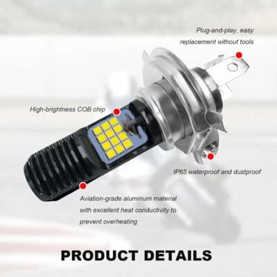9-16V H4 LED Motorcycle Headlight Bulbs, Super Bright 3030 Chips Bulb Halogen Lamp Replacement, Waterproof High/Low Beam LED Headlight Bulb for Most Motorcycles ATVs (White) - Image 5