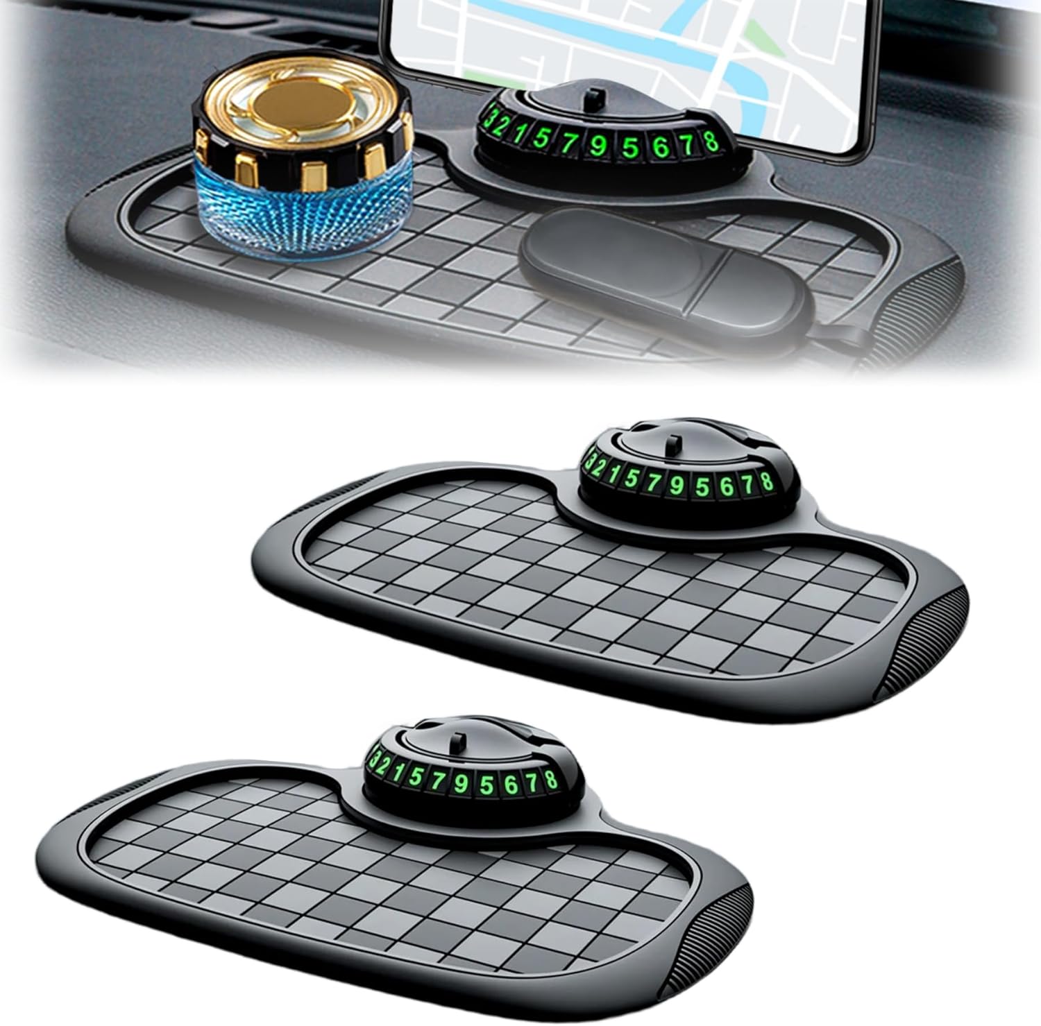 715H94v3PyL._AC_SL1500_.jpg Multifunction Car Anti Slip Mat, 360° Rotatable Phone Holder Dashboard Pad with Temporary Parking Number Rotatable Car Anti Slip Mat Phone Holder (Black-2PCS) - Image 1