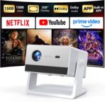 Mini Smart Projector, 1500 ANSI Portable Projector with WiFi and Bluetooth, HAPPRUN 4K Full HD Home Theater with 270° Stand, Dolby Sound, Built-in Apps,Compatible with Phone & PC, Indoor & Outdoor Use