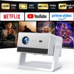 Mini Smart Projector, 1500 ANSI Portable Projector with WiFi and Bluetooth, HAPPRUN 4K Full HD Home Theater with 270° Stand, Dolby Sound, Built-in Apps,Compatible with Phone & PC, Indoor & Outdoor Use