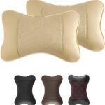 2 Pack Car Neck Pillow PU Leather Automotive Headrest Pillow for Car Support Neck Pain Relief Universal Car Pillow (Beige)