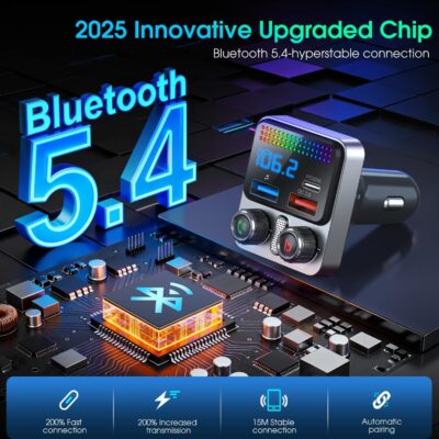 Bluetooth 5.4 Car Adapter 48W Charging USB Bluetooth Adapter for Car,Wireless Fm Transmitter Radio,Song Switching,Handsfree Calling and Audio Receiver,HiFi Music Player,Matrix LED Effects - Image 3