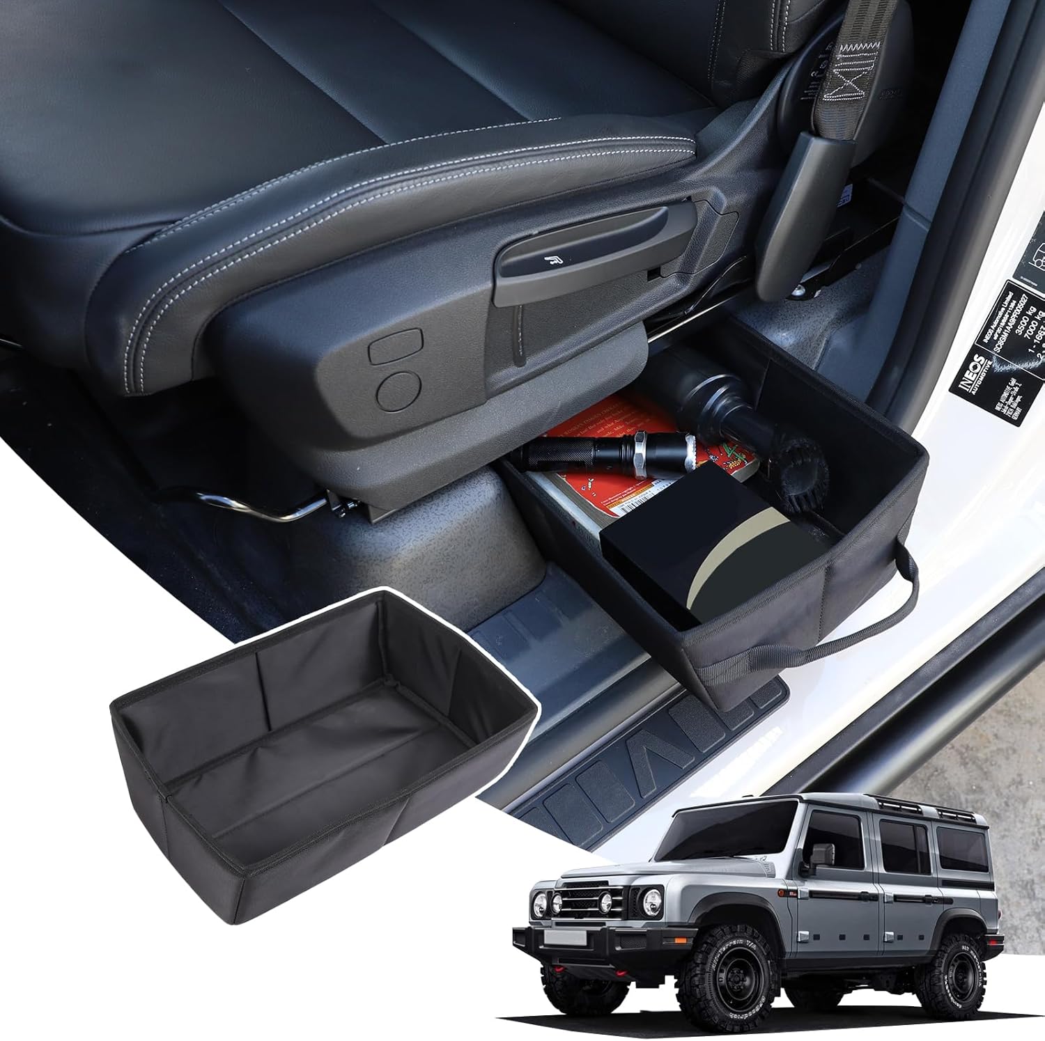 715WNqjzK0L._AC_SL1500_.jpg Compatible with Ineos Grenadier 2020-2024 Under Seat Storage Tray, Customized Oxford Cloth Driver Passenger Underseat Hidden Organizer Tool Box Organizer with Anti-slip and Handle (1PCS) - Image 1