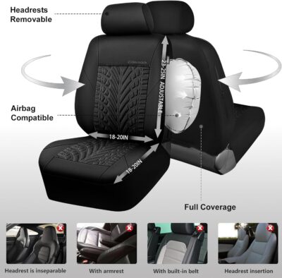 CAR PASS Neoprene Waterproof Seat Covers Full Sets, Wetsuit Car Seat Covers 5 Seats Universal Fit for Vans, Truck, SUV, 3D Tyre Embossed Seat Covers Anti Slip with Armrests, Aibag Compatible(Black) - Image 7