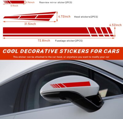 6PCS Car Hood Stripe Sticker, Vinyl Auto Body Side Rearview Mirror Decal, Sports Racing Stripe Graphic Decal Stickers, Universal Vehicle Exterior DIY Decoration Accessories (Red) - Image 2