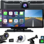 LAMTTO 9.26" Wireless Carplay and Android Auto with 2.5K Dash Cam, 1080P Backup Camera, Portable Touchscreen GPS Navigation for Car, Car Stereo Receiver with Bluetooth,AirPlay,AUX,FM,Googel,Siri