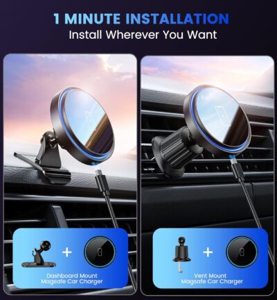 Mag-Safe Car Mount Charger 15W Magnetic Wireless Car Charger for iPhone 17 Accessories Magnetic Phone Holder for Car 3 in 1 Mag Safe Car Mount for iPhone17Pro/16/15/14/13/12 Series Gifts for Men Women - Image 2