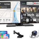 LAMTTO 11'' AI CarPlay Screen with Google-Play Download APPs & Gemini, Smooth 8-Core, Wireless Car Play Android Auto, Vivid 60FPS 1920x720 Display, 1080P Backup Camera/DVR for Road Trip Entertainment