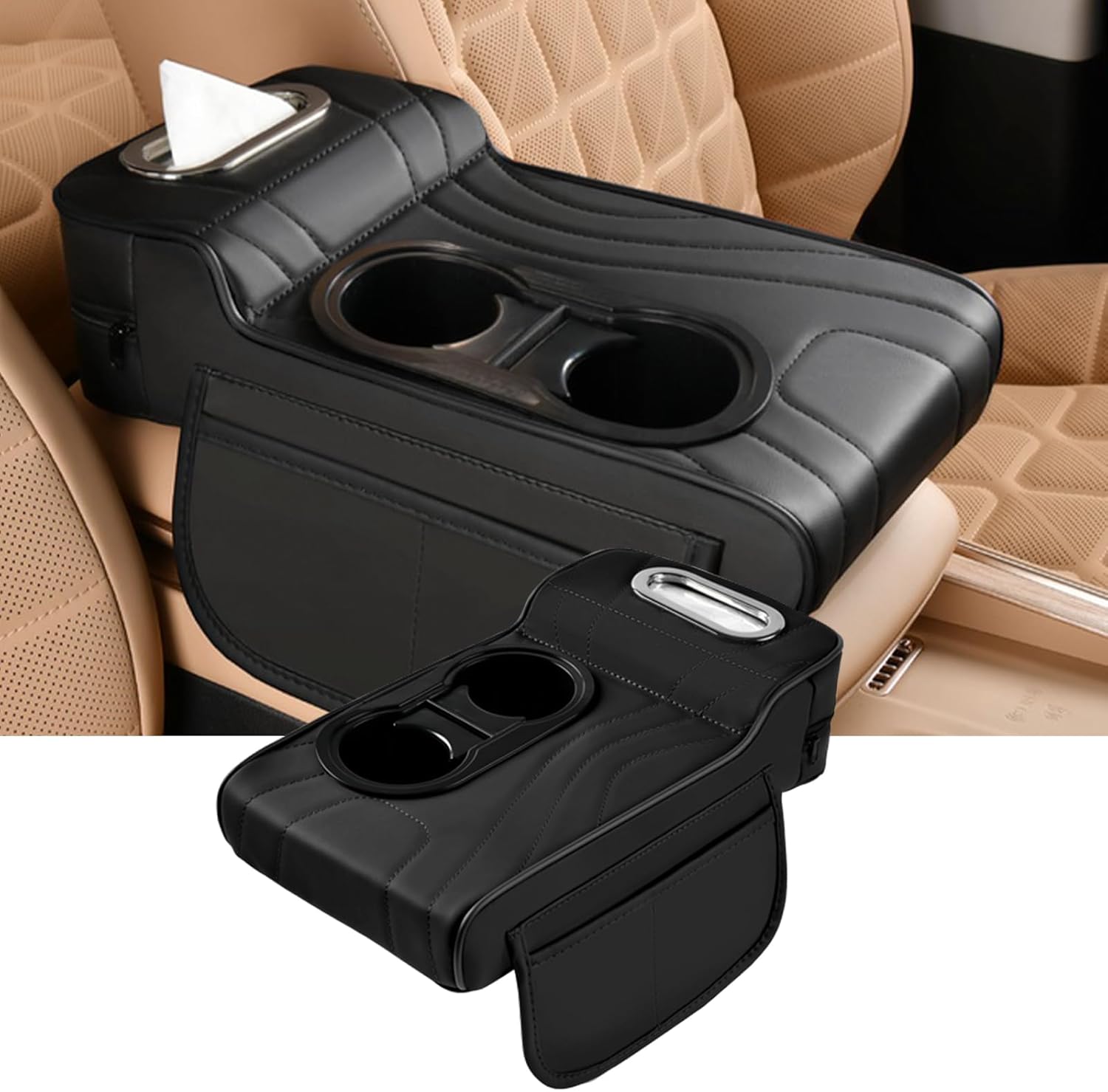 715riDzPmYL._AC_SL1500_.jpg Universal Car Armrest Cover, Microfiber Leather Center Console Organizer with 2 Cup Holders, Tissue Pack & Side Storage Pockets, Black - Image 1