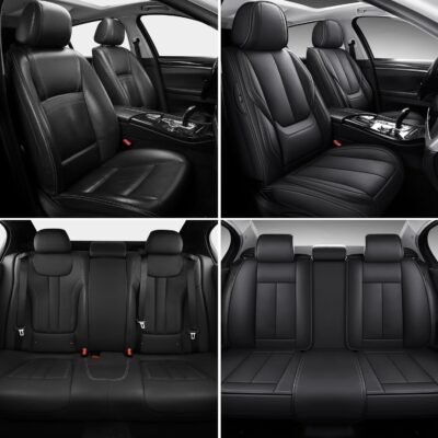 Black Car Seat Cover with Lumbar Support, Car Seat Protector Waterproof, Nappa Leather Car Seat Cushion, Car Seat Covers Front Seats and Back Fit for Most Cars - Image 2