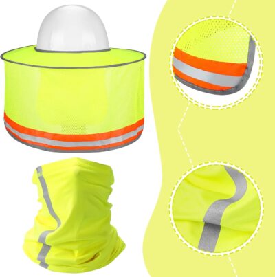 SATINIOR 3 Pcs Sun Hard Hat Neck Protection High Visibility Full Brim Mesh Sun Protection Bandana Headband Arm Sleeves with Reflective Strap for Construction Helmet Hard Hat(Neon Yellow) - Image 4
