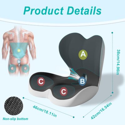 Seat Cushion for Office Chair and Car, Lumbar Support Pillow for Office Chair, Memory Foam Ergonomic Seat Cushion for Long Sitting, Back & Tailbone Pain, Sciatica - Dark Gray & Light Gray - Image 2