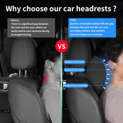 Quintor Genuine Leather Car Neck Pillow,Memory Foam Headrest Cushion, Ergonomic Cervical Support for Tesla Model 3/Y/X, Lexus, BMW- Breathable & All-Season Soft (2 PC) - Image 4