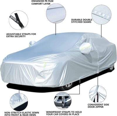 Tecoom Waterproof Sedan Car Cover Oxford W/Door Zipper, All Weather Car Cover for Automobiles, UV-Proof Windproof Hail Sun Snow Protection Indoor Outdoor Full Exterior Covers Fit 201-210 Inches - Image 6