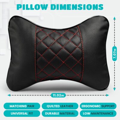 Set of 2 Quilted Faux Leather Car Headrest Pillow, Black Case/Black Threading, Ergonomic Neck Support for Comfortable Driving - Image 6