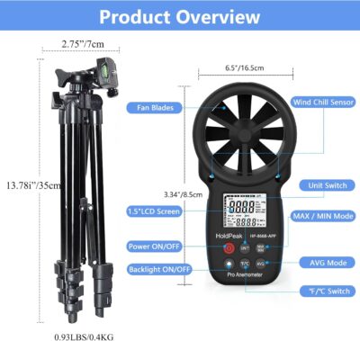 HoldPeak Handheld Anemometer Bluetooth with Tripod, Digital Wind Speed Gauge Meter, Air Flow Velocity Temperature CFM Measuring Device for HVAC Outdoor Sailing Shooting Golf, 866B-APP - Image 8