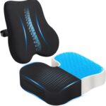 Gel Seat Cushion & Lumbar Support Pillow Set, Cooling Memory Foam for Tailbone & Sciatica Pain Relief, Ergonomic Office Chair Cushion with Breathable Mesh Cover for Car, Home, Wheelchair (Black)
