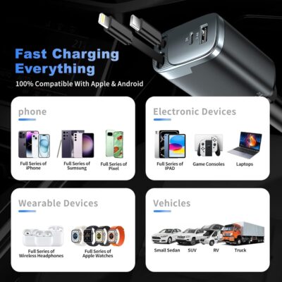 Retractable Car Charger 4 in 1, Car Charger USB C Fast Charge 84W Cigarette Lighter USB Charger, Travel Essentials Car Accessories Gifts for Men Women for iPhone 17 16 15 14 13 12 Pro Max, Samsung - Image 7