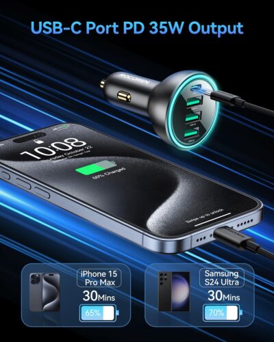 Rocoren 4-Port Car Charger, PD3.0 QC3.0 Super Fast Charging USB C Car Charger for Multiple Devices, Cigarette Lighter Adapter for iPhone 17/16/15/14 Series, iPad Pro, Samsung S25/S24 Ultra, Pixel - Image 2